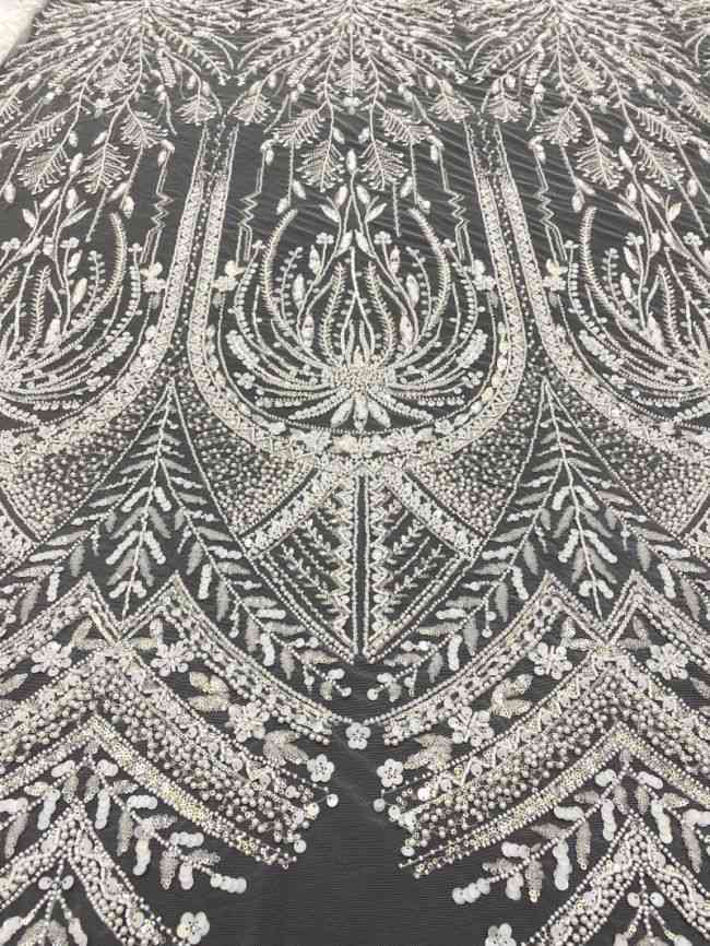 15 Yards Heavily Beaded Sequined Embroidered Off White Wedding Bridal Lace Fabric TDD313