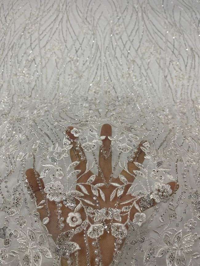 15 Yards Heavily Beaded Sequined Embroidered Off White Wedding Bridal Lace Fabric TDD316