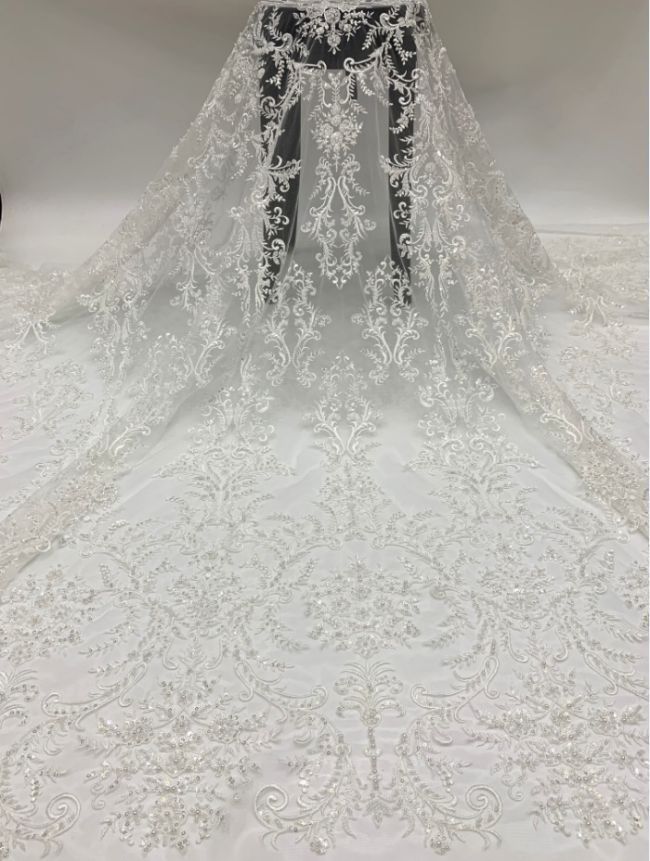 156 Yards Heavily Beaded Sequined Embroidered Off White Wedding Bridal Lace Fabric TDD336