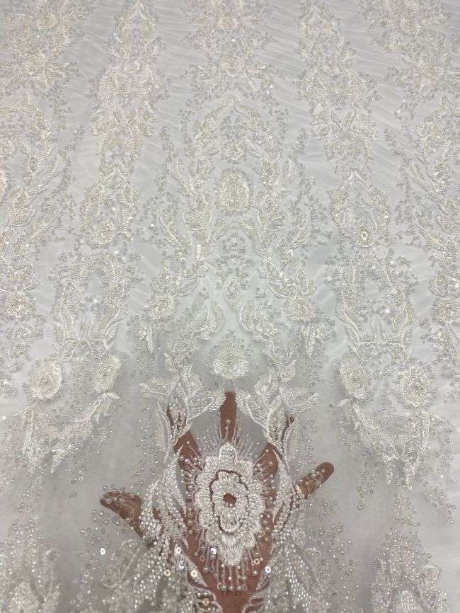 156 Yards Heavily Beaded Sequined Embroidered Off White Wedding Bridal Lace Fabric TDD351