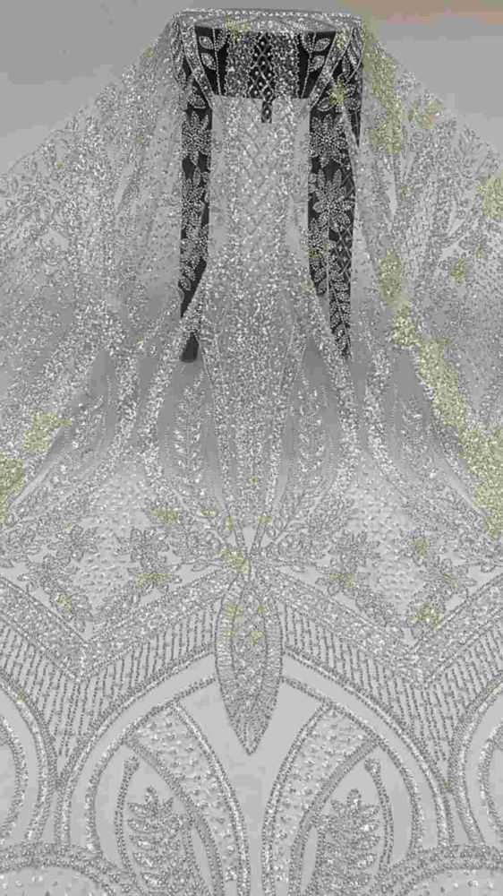 1 Yard Heavily Beaded Sequined Embroidered Off White Wedding Bridal Lace Fabric TDD321