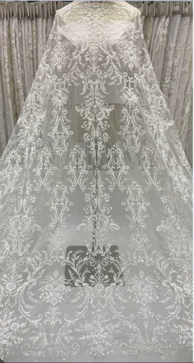156 Yards Heavily Beaded Sequined Embroidered Off White Wedding Bridal Lace Fabric TDD336