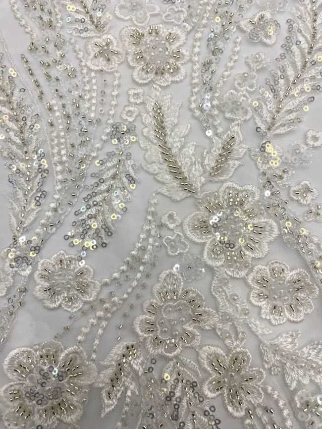 156 Yards Heavily Beaded Sequined Embroidered Off White Wedding Bridal Lace Fabric TDD349