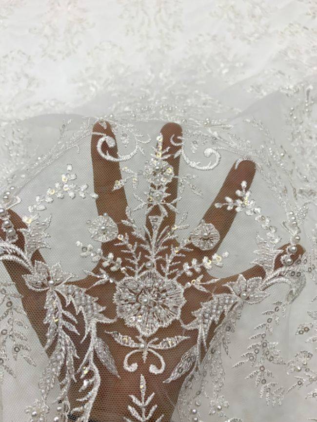 156 Yards Heavily Beaded Sequined Embroidered Off White Wedding Bridal Lace Fabric TDD336