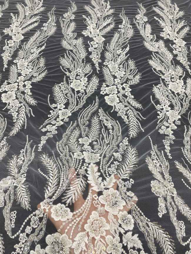 156 Yards Heavily Beaded Sequined Embroidered Off White Wedding Bridal Lace Fabric TDD349