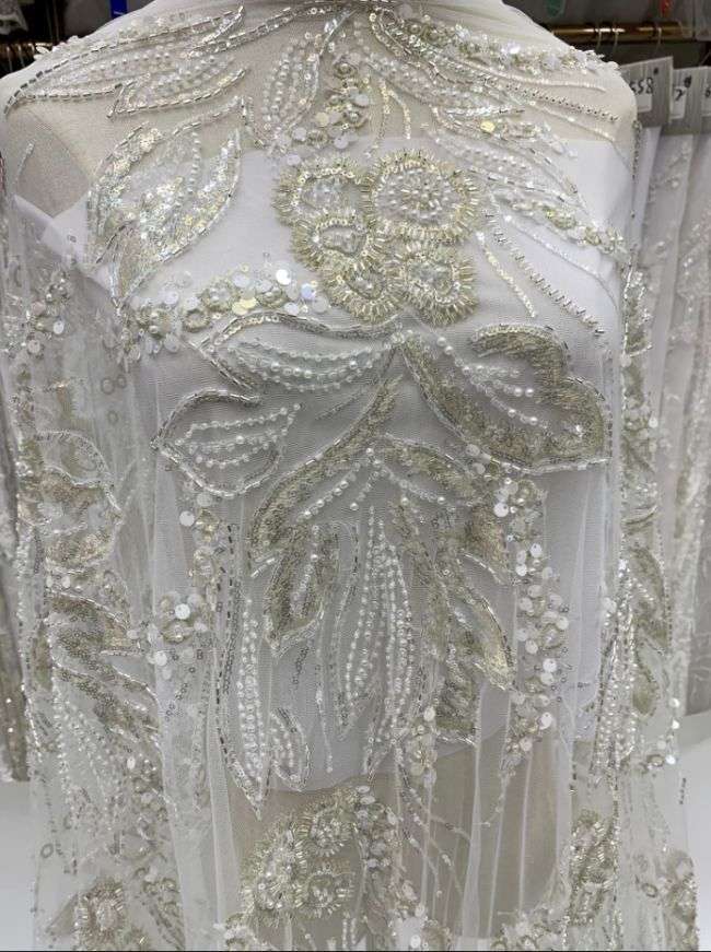 156 Yards Heavily Beaded Sequined Embroidered Off White Wedding Bridal Lace Fabric TDD337