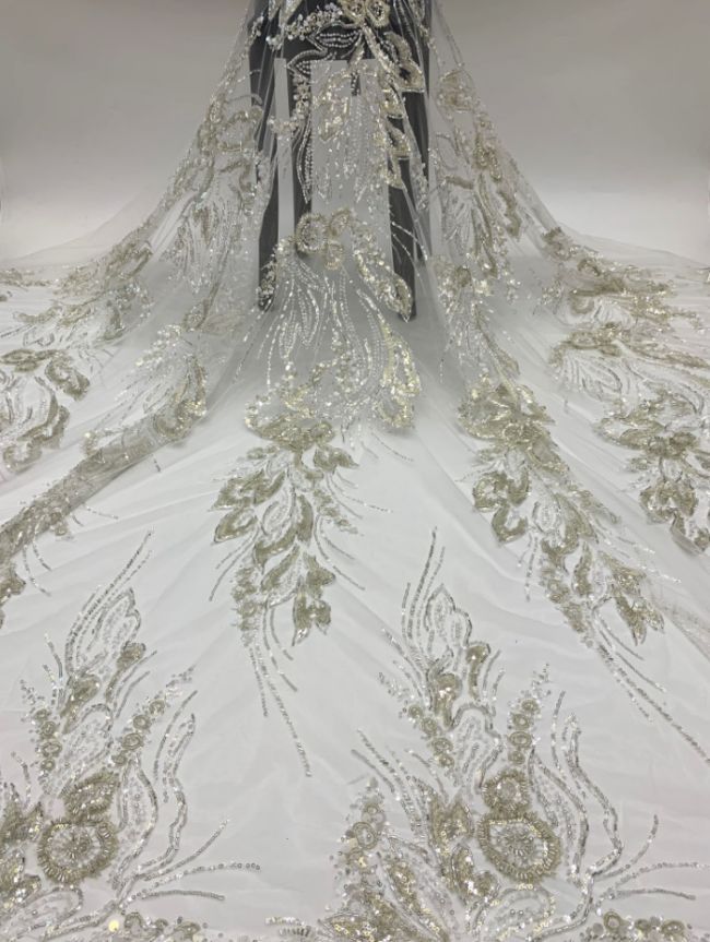 156 Yards Heavily Beaded Sequined Embroidered Off White Wedding Bridal Lace Fabric TDD337