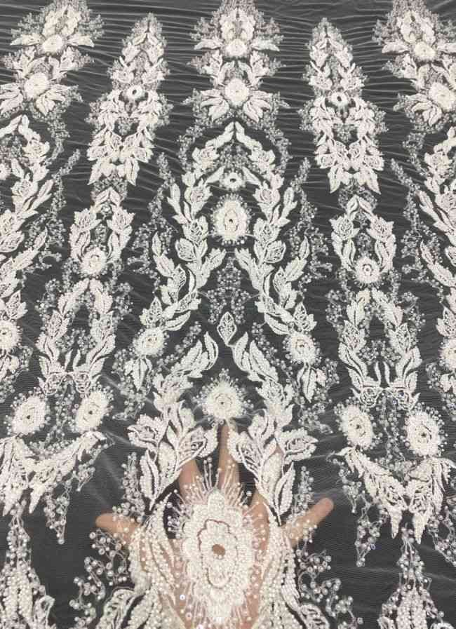 156 Yards Heavily Beaded Sequined Embroidered Off White Wedding Bridal Lace Fabric TDD351