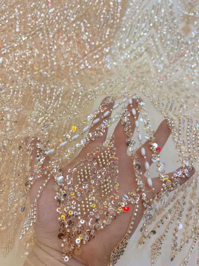 5 Yards Colored Tulle Sequined Beaded Faux Pearls Embroidered Lace Fabric JJ003