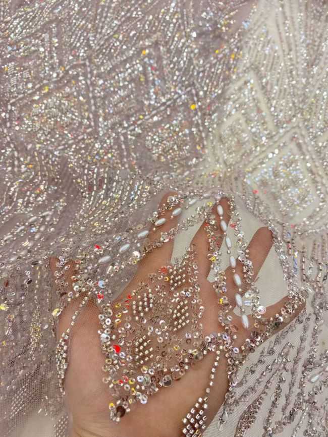 5 Yards Colored Tulle Sequined Beaded Faux Pearls Embroidered Lace Fabric JJ003