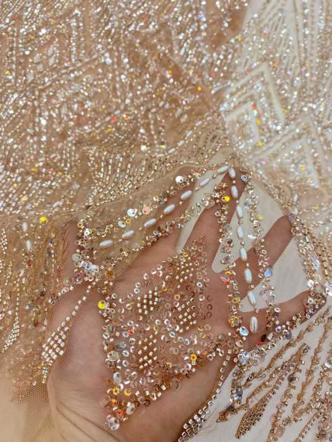 5 Yards Colored Tulle Sequined Beaded Faux Pearls Embroidered Lace Fabric JJ003
