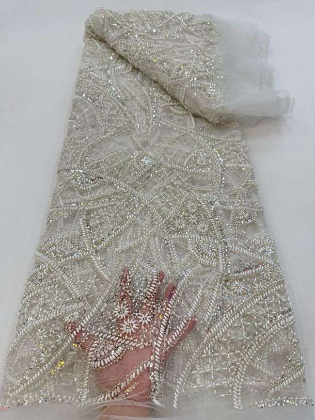 5 Yards Colored Tulle Sequined Faux Pearls Beaded Embroidered Lace Fabric JJ025