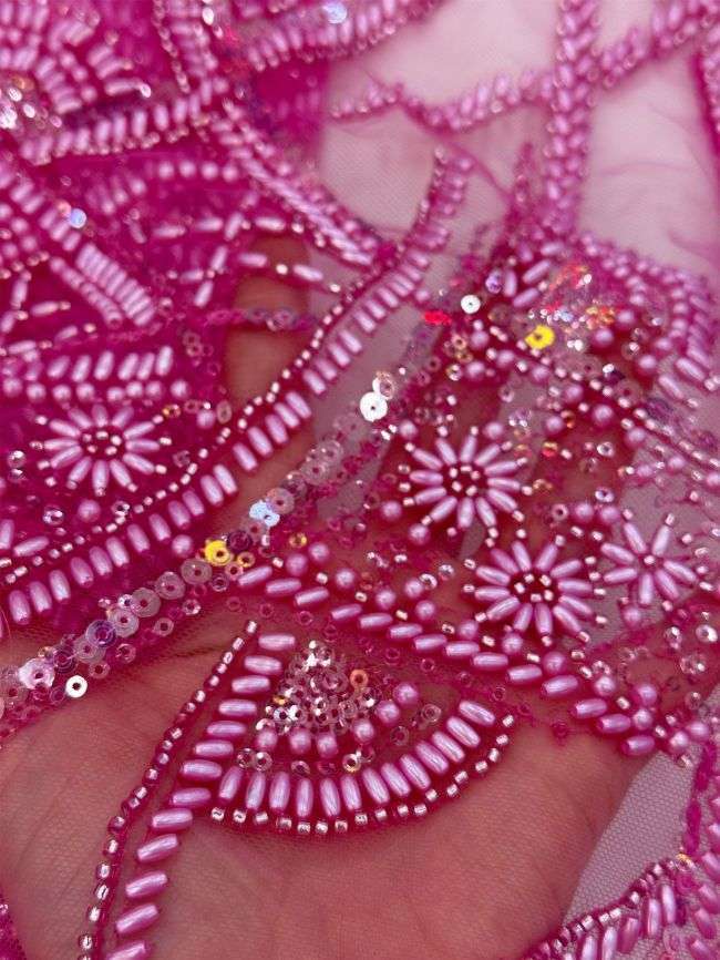 5 Yards Colored Tulle Sequined Faux Pearls Beaded Embroidered Lace Fabric JJ025