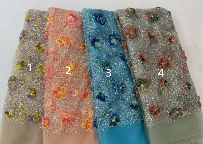 5 Yards Colored Tulle Sequined Faux Pearls Beaded Embroidered Lace Fabric JJ