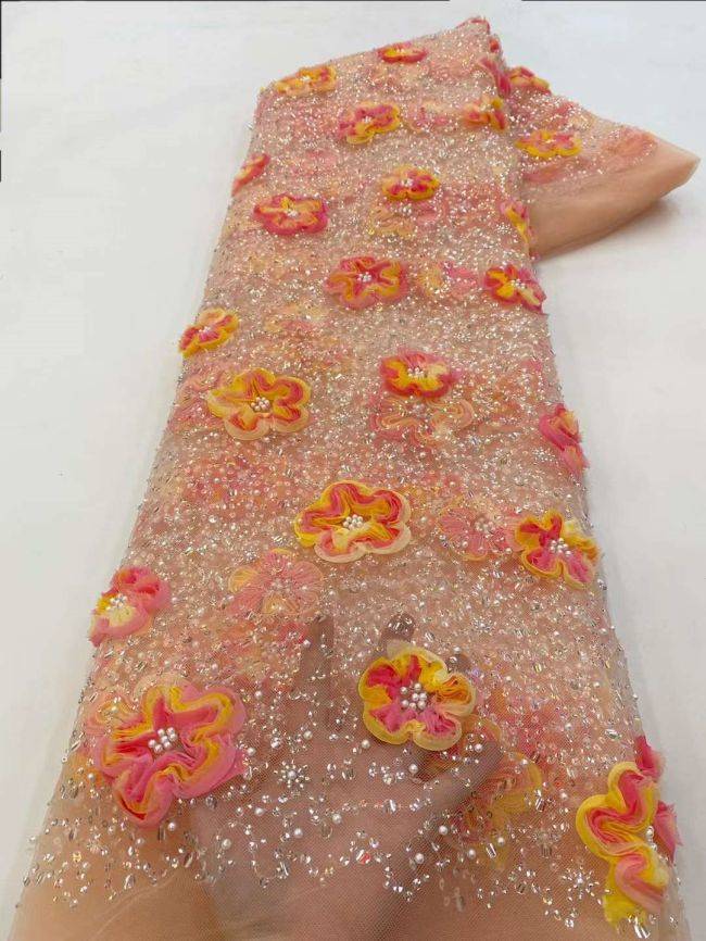 5 Yards Colored Tulle Sequined Faux Pearls Beaded Embroidered Lace Fabric JJ