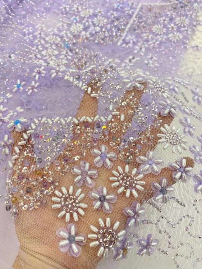 5 Yards Colored Tulle Sequined Beaded Faux Pearls Embroidered Lace Fabric JJ010