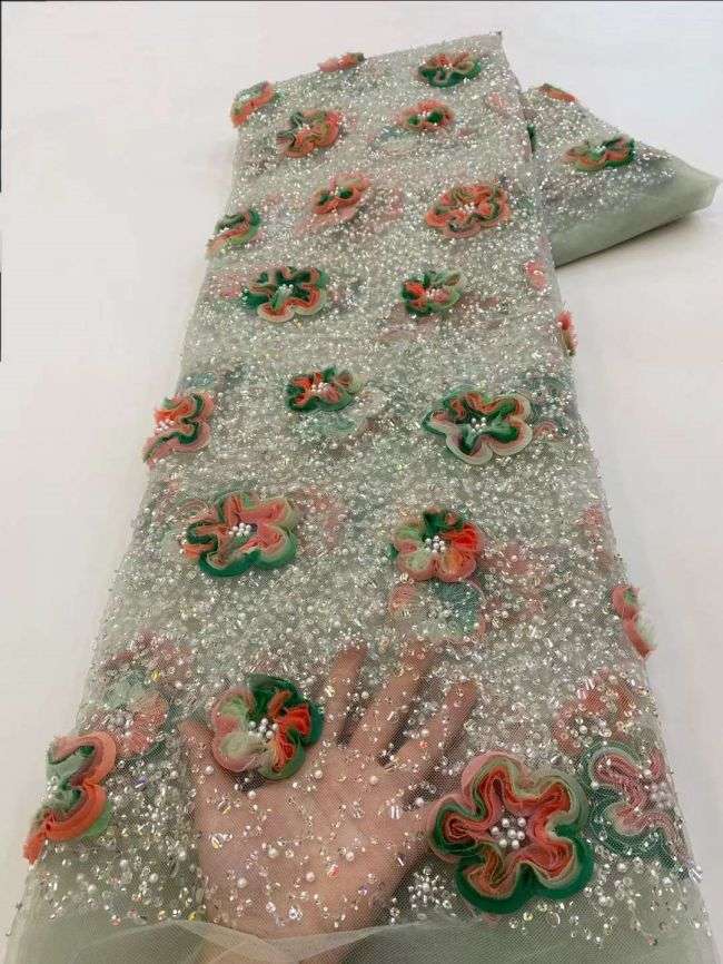 5 Yards Colored Tulle Sequined Faux Pearls Beaded Embroidered Lace Fabric JJ