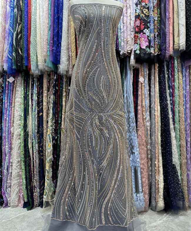 5 Yards Colored Tulle Sequined Faux Pearls Beaded Embroidered Lace Fabric JJ022