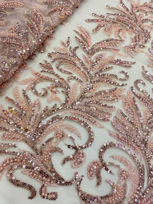 5 Yards Colored Tulle Sequined Faux Pearls Beaded Embroidered Lace Fabric JJ027