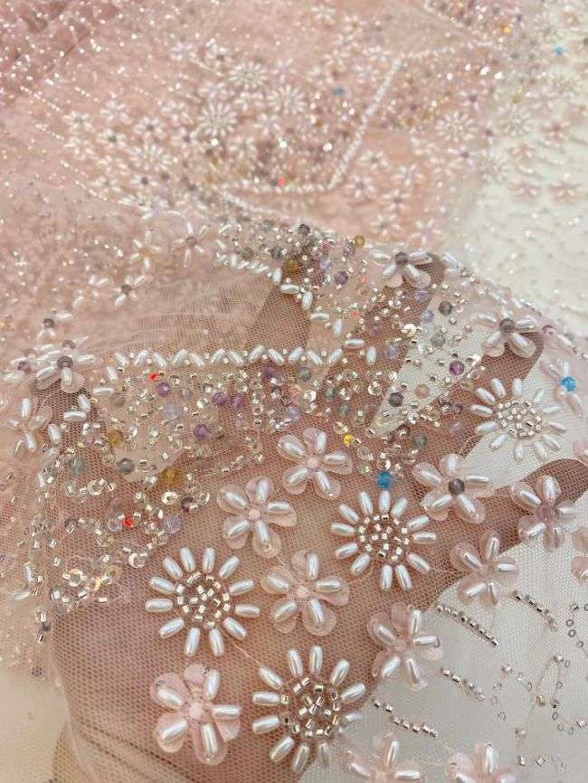 5 Yards Colored Tulle Sequined Beaded Faux Pearls Embroidered Lace Fabric JJ010