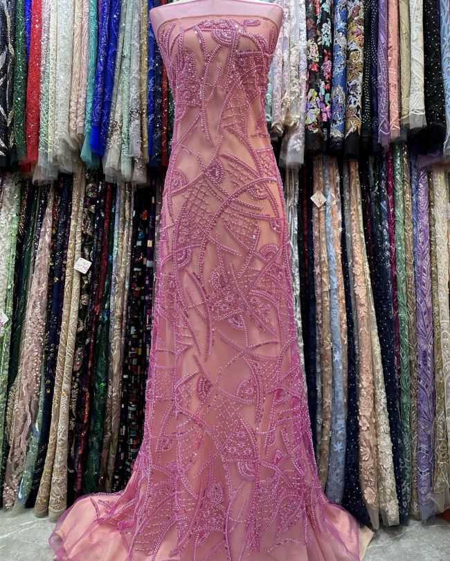 5 Yards Colored Tulle Sequined Faux Pearls Beaded Embroidered Lace Fabric JJ025