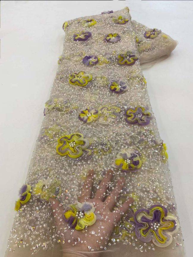 5 Yards Colored Tulle Sequined Faux Pearls Beaded Embroidered Lace Fabric JJ