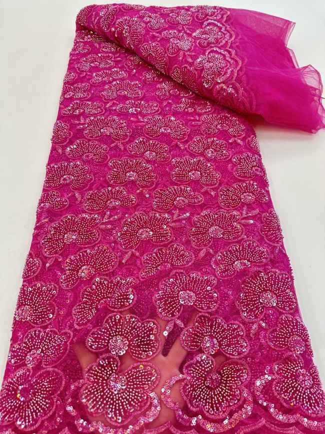 5 Yards Colored Tulle 3D Floral Flowers Leaves Sequined Faux Pearls Beaded Embroidered Lace Fabric JJ035