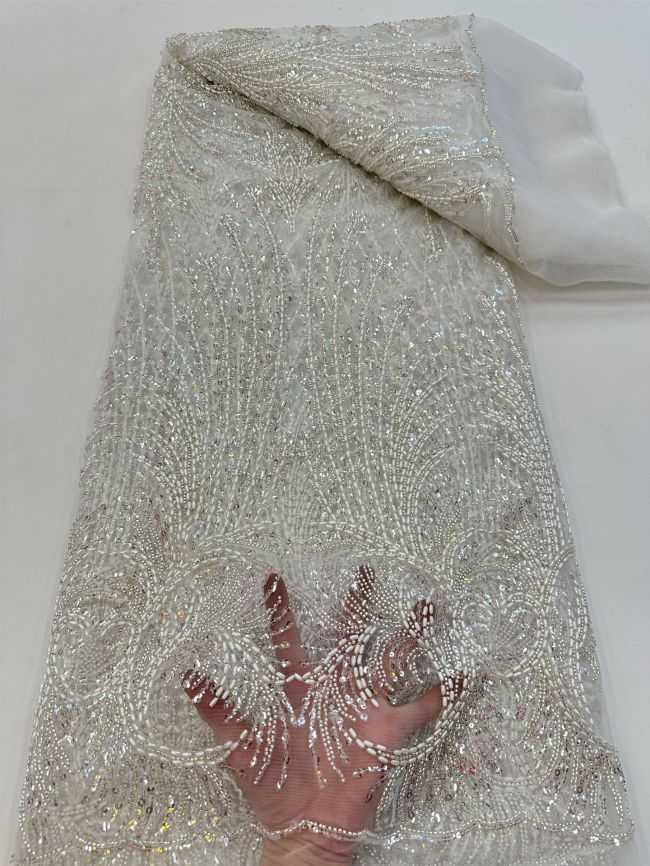 5 Yards Colored Tulle 3D Floral Flowers Leaves Sequined Faux Pearls Beaded Embroidered Lace Fabric JJ034