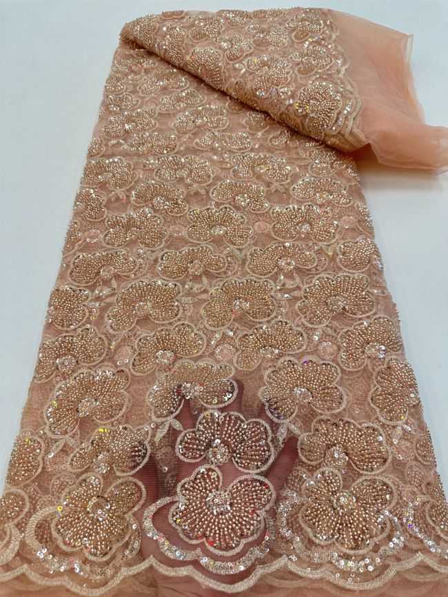 5 Yards Colored Tulle 3D Floral Flowers Leaves Sequined Faux Pearls Beaded Embroidered Lace Fabric JJ035