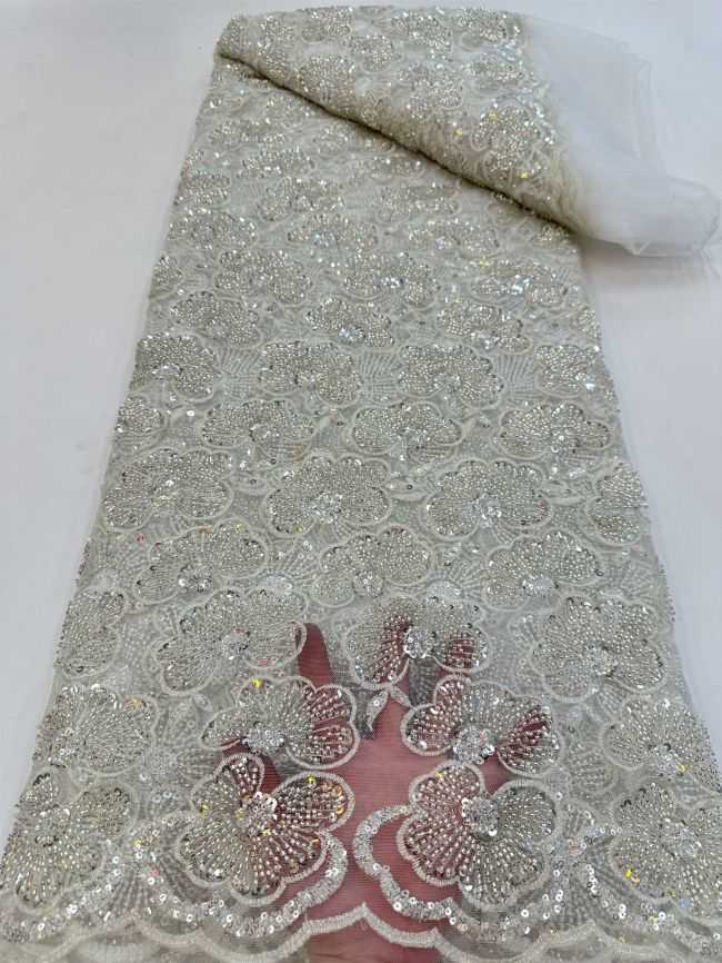 5 Yards Colored Tulle 3D Floral Flowers Leaves Sequined Faux Pearls Beaded Embroidered Lace Fabric JJ035