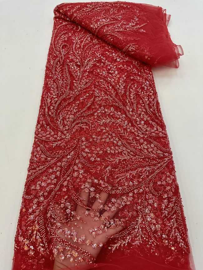 5 Yards Colored Tulle 3D Floral Flowers Leaves Sequined Faux Pearls Beaded Embroidered Lace Fabric JJ042
