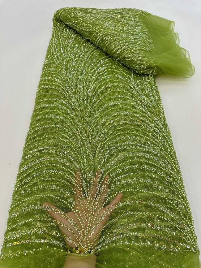 5 Yards Colored Tulle 3D Floral Flowers Leaves Sequined Faux Pearls Beaded Embroidered Lace Fabric JJ045