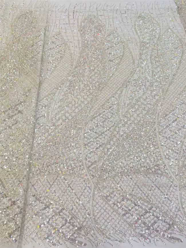5 Yards Colored Tulle 3D Floral Flowers Leaves Sequined Faux Pearls Beaded Embroidered Lace Fabric JJ047