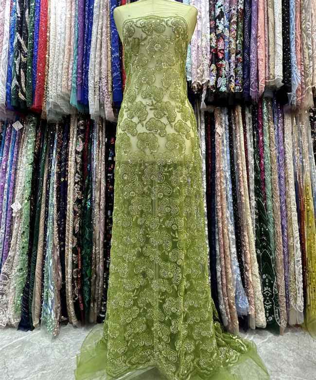 5 Yards Colored Tulle 3D Floral Flowers Leaves Sequined Faux Pearls Beaded Embroidered Lace Fabric JJ035