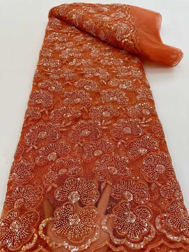 5 Yards Colored Tulle 3D Floral Flowers Leaves Sequined Faux Pearls Beaded Embroidered Lace Fabric JJ035