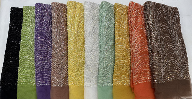 5 Yards Colored Tulle 3D Floral Flowers Leaves Sequined Faux Pearls Beaded Embroidered Lace Fabric JJ045