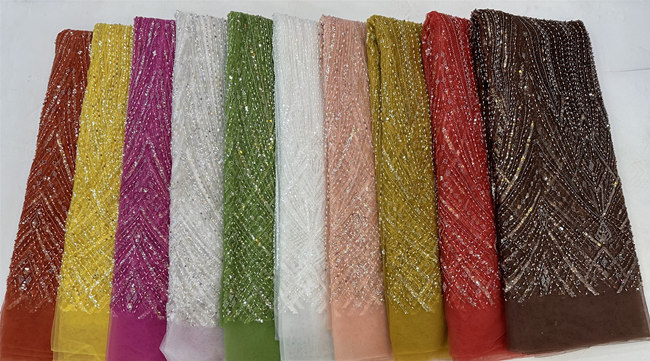 5 Yards Colored Tulle Sequined Faux Pearls Beaded Embroidered Lace Fabric JJ044