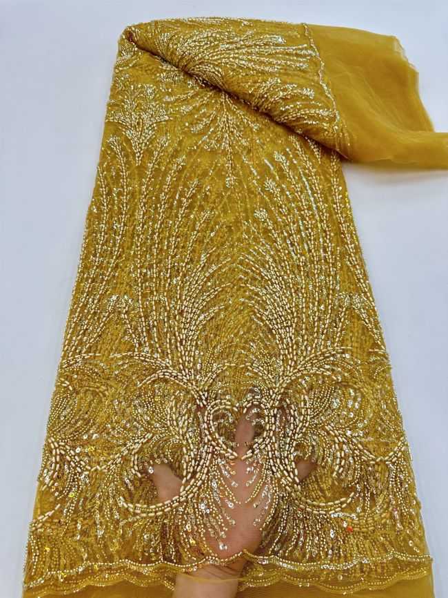 5 Yards Colored Tulle 3D Floral Flowers Leaves Sequined Faux Pearls Beaded Embroidered Lace Fabric JJ034