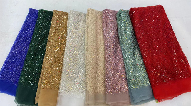 5 Yards Colored Tulle 3D Floral Flowers Leaves Sequined Faux Pearls Beaded Embroidered Lace Fabric JJ047