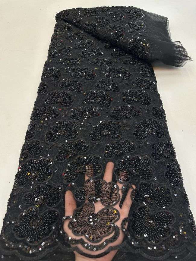 5 Yards Colored Tulle 3D Floral Flowers Leaves Sequined Faux Pearls Beaded Embroidered Lace Fabric JJ035