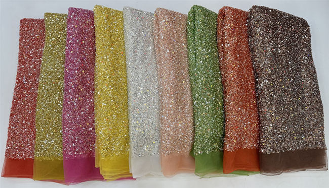 5 Yards Colored Tulle Sequined Faux Pearls Beaded Embroidered Lace Fabric JJ043