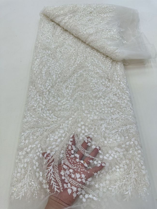 5 Yards Colored Tulle 3D Floral Flowers Leaves Sequined Faux Pearls Beaded Embroidered Lace Fabric JJ042