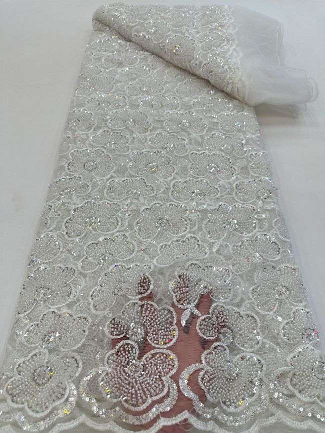 5 Yards Colored Tulle 3D Floral Flowers Leaves Sequined Faux Pearls Beaded Embroidered Lace Fabric JJ035