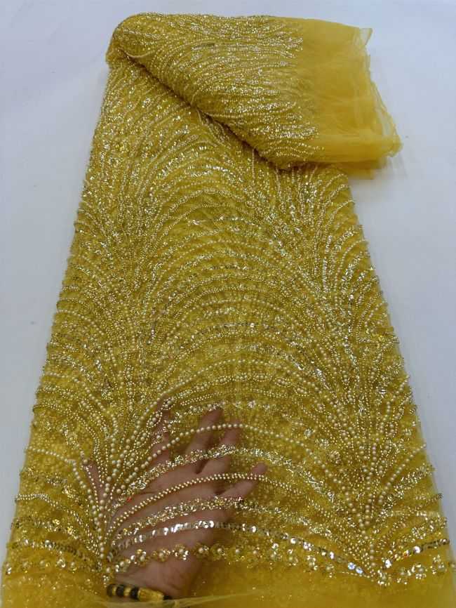 5 Yards Colored Tulle 3D Floral Flowers Leaves Sequined Faux Pearls Beaded Embroidered Lace Fabric JJ045