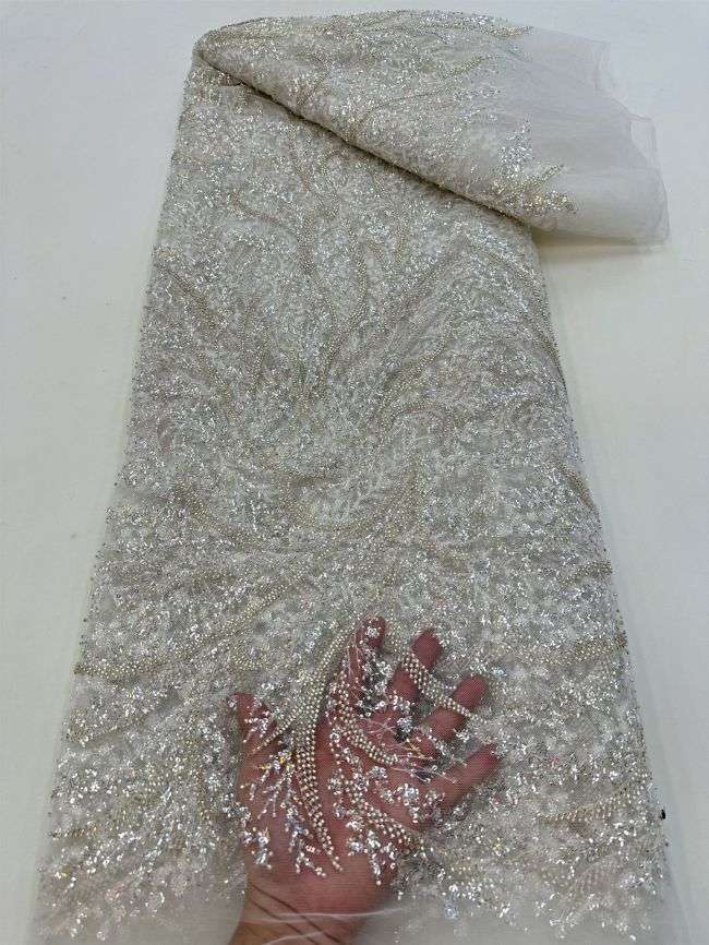 5 Yards Colored Tulle 3D Floral Flowers Leaves Sequined Faux Pearls Beaded Embroidered Lace Fabric JJ042