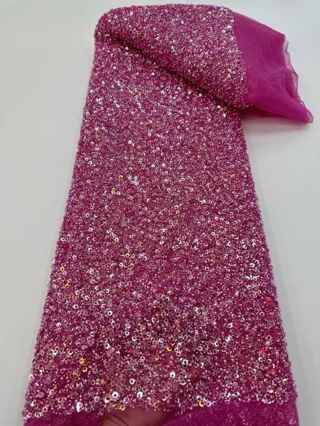 5 Yards Colored Tulle 3D Floral Flowers Leaves Sequined Faux Pearls Beaded Embroidered Lace Fabric JJ043