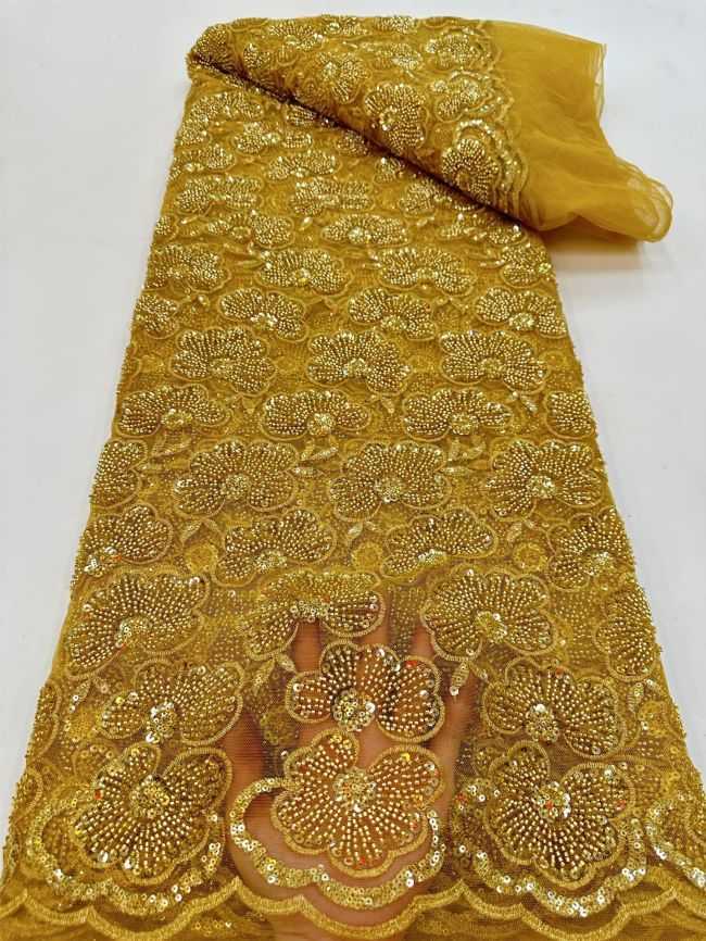 5 Yards Colored Tulle 3D Floral Flowers Leaves Sequined Faux Pearls Beaded Embroidered Lace Fabric JJ035