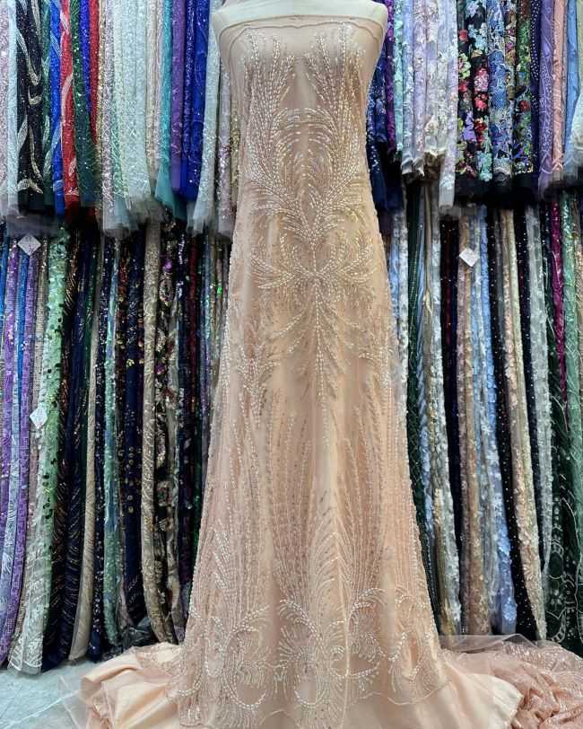 5 Yards Colored Tulle 3D Floral Flowers Leaves Sequined Faux Pearls Beaded Embroidered Lace Fabric JJ034