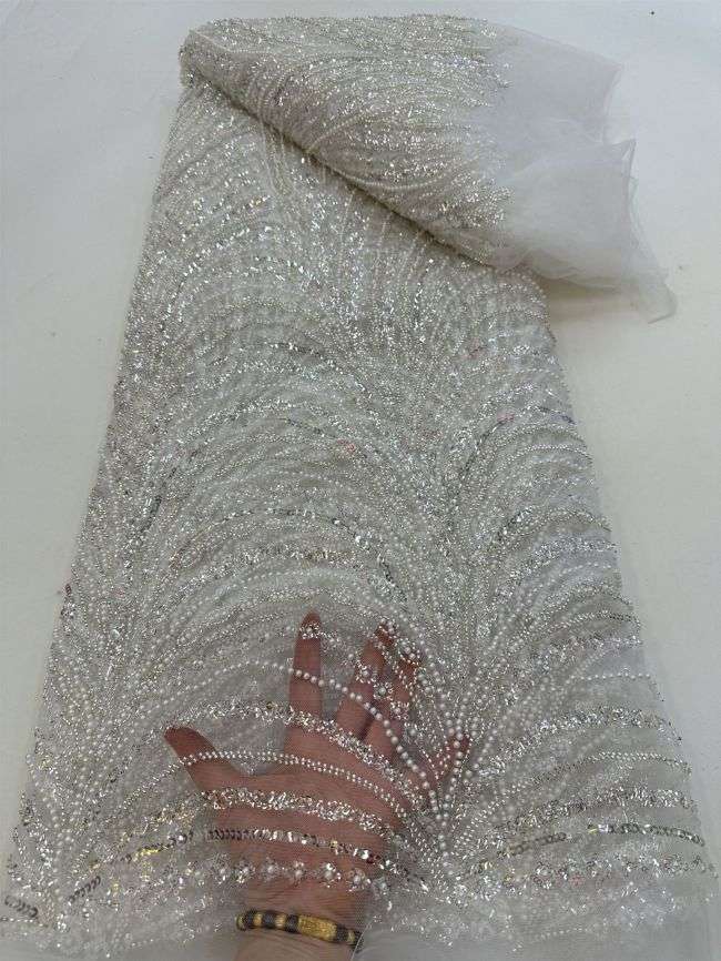 5 Yards Colored Tulle 3D Floral Flowers Leaves Sequined Faux Pearls Beaded Embroidered Lace Fabric JJ045
