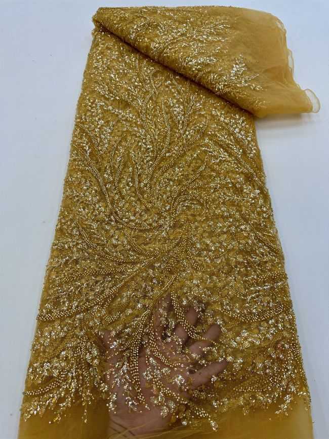 5 Yards Colored Tulle 3D Floral Flowers Leaves Sequined Faux Pearls Beaded Embroidered Lace Fabric JJ042